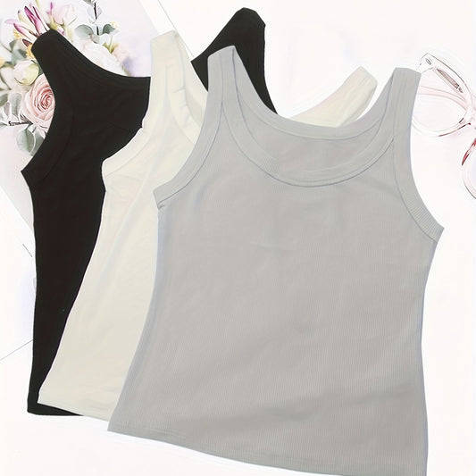 3pcs Ribbed Tank Tops Crew Neck All match Women's Lingerie