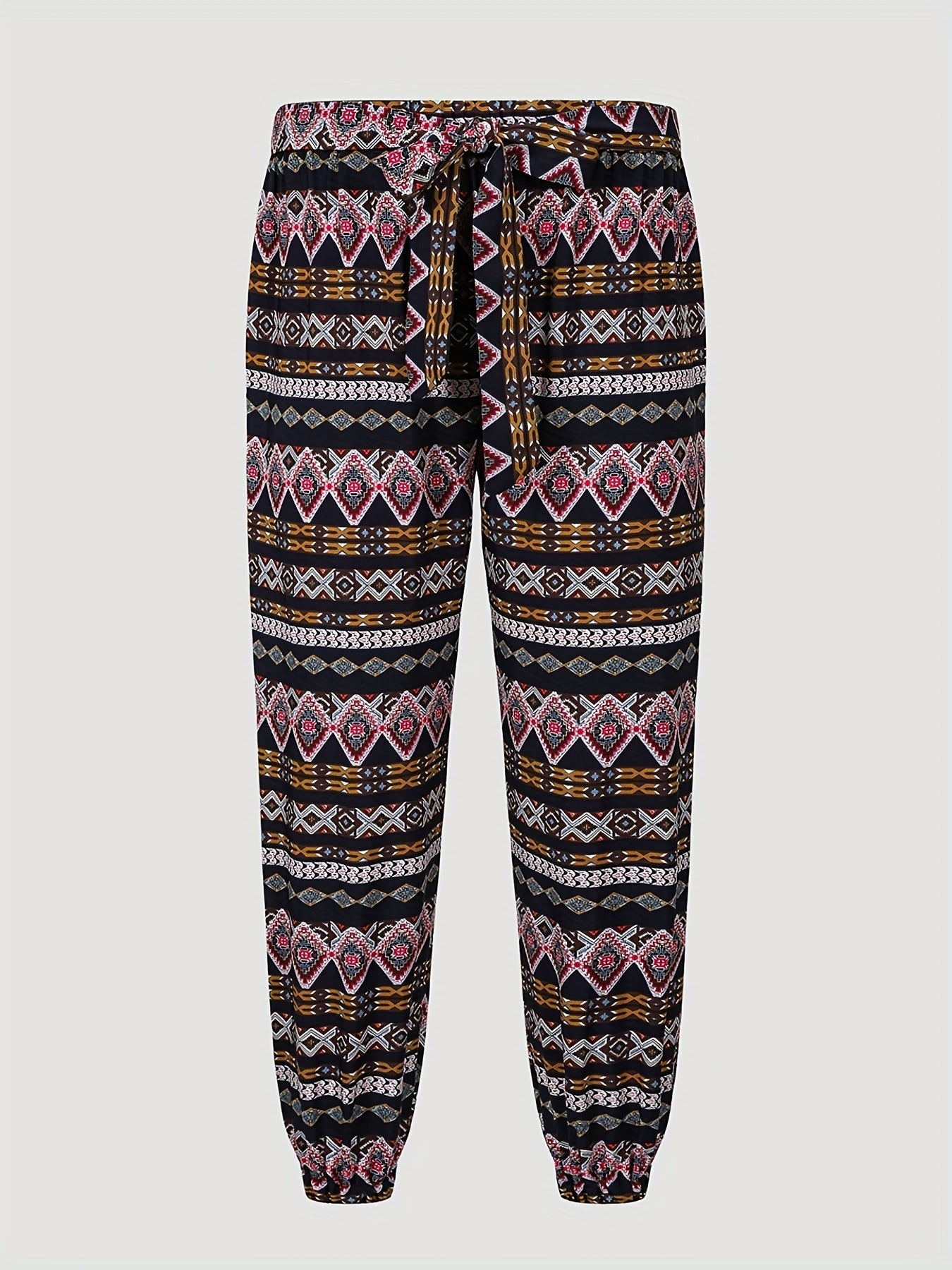 Geometric Print High Rise Tapered Leg Pants With Belt