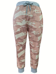 Women's Plus Camo Drawstring Elastic High Rise Jogger Trousers