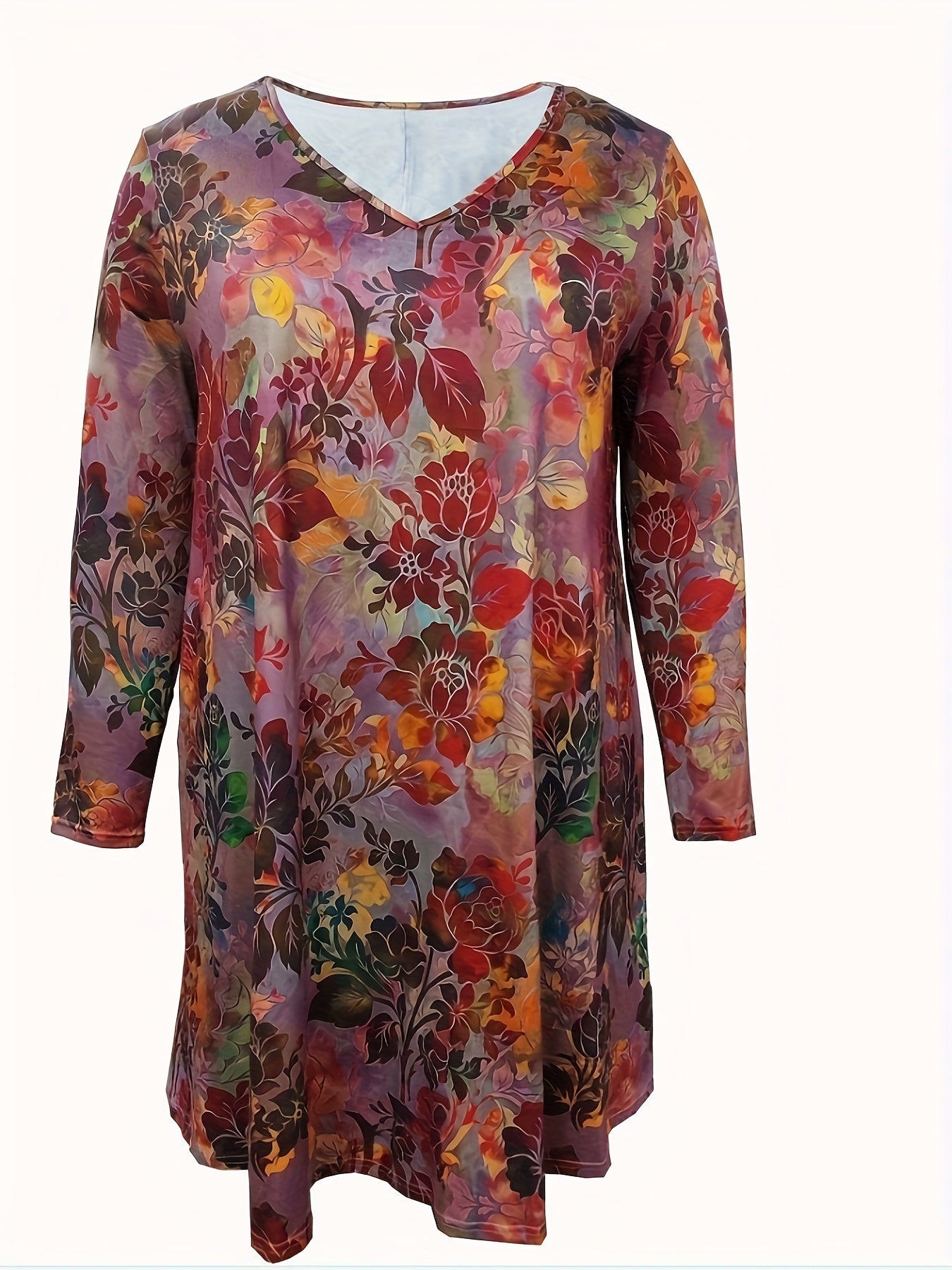  Floral Print Long Sleeve V Neck Casual Dress