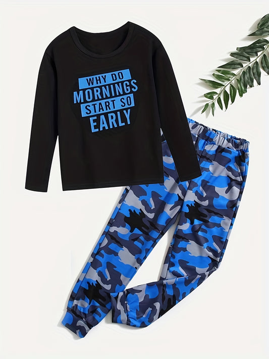 Boys Alphabet Print Top & Camo Trousers Pajama Set