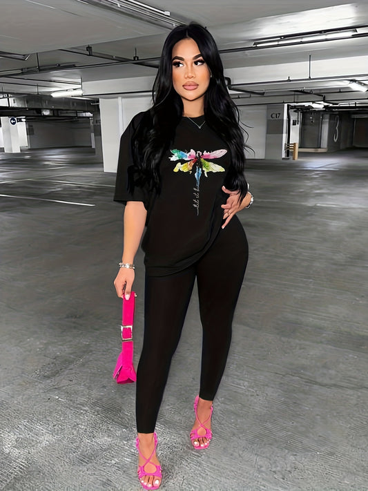 Dragonfly Print Two Piece Set Crew Neck Short Sleeve Top & Slim Pants