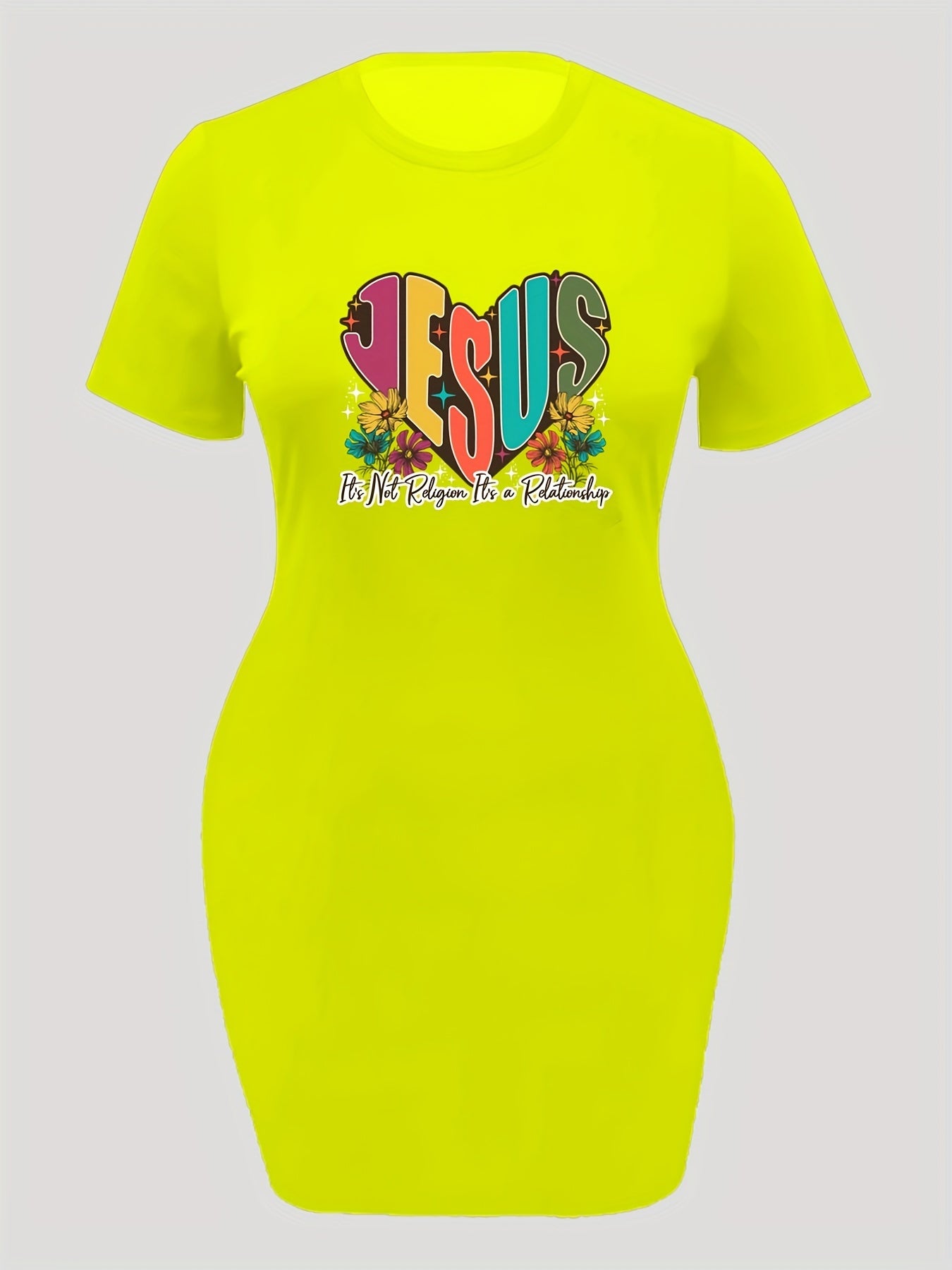  Heart & Slogan Print Short Sleeve Round Neck Dress