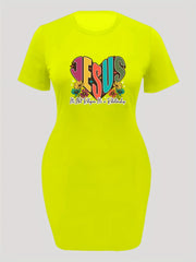  Heart & Slogan Print Short Sleeve Round Neck Dress