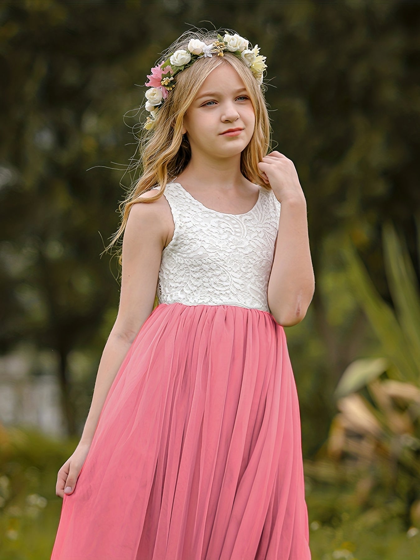 Girls Flower Lace Sleeveless Mesh Dress for Wedding Piano Performance
