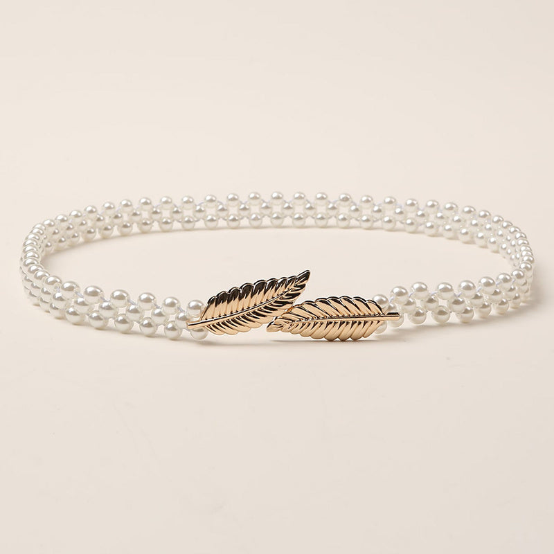 Faux Pearl Beaded Belt Stretchy Boho Style Waist Belt Double Beaded Belt