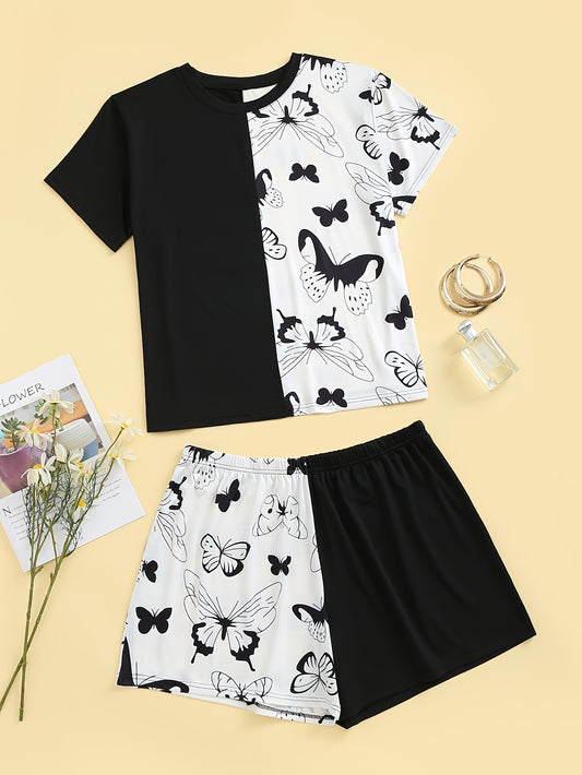  Colorblock Butterfly Print Tee & Shorts Set