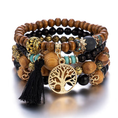 Boho Tree & Tassel Charm Beaded Bracelet Set