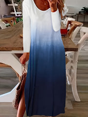 Plus Ombre Print Long Sleeve Crew Neck Split Maxi Dress