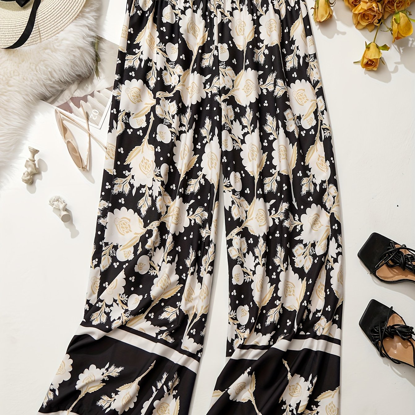  Colorblock Floral Print Wide Leg Trousers