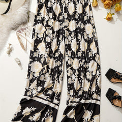  Colorblock Floral Print Wide Leg Trousers