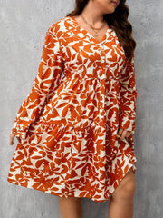  Leaf Print Button Up Long Sleeve V Neck Dress