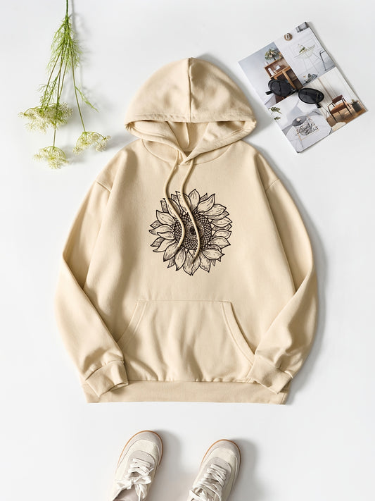 Khaki Sunflower Print Drawstring Hooded Sweater Long Sleeve
