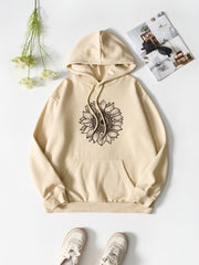 Khaki Sunflower Print Drawstring Hooded Sweater Long Sleeve