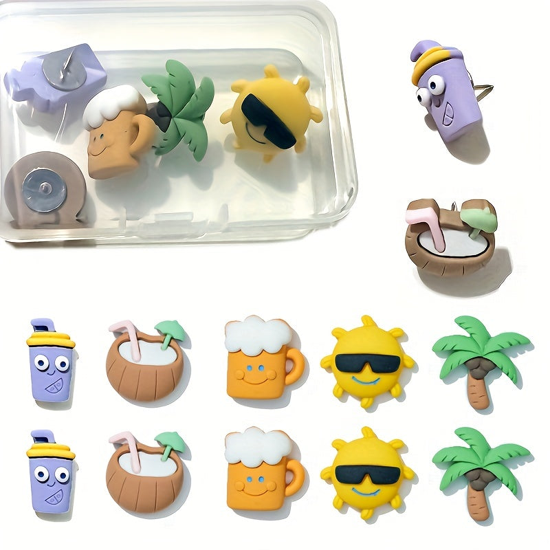 10pcs Beach Series Push Pins - Coconut Tree & Sun Office Decor