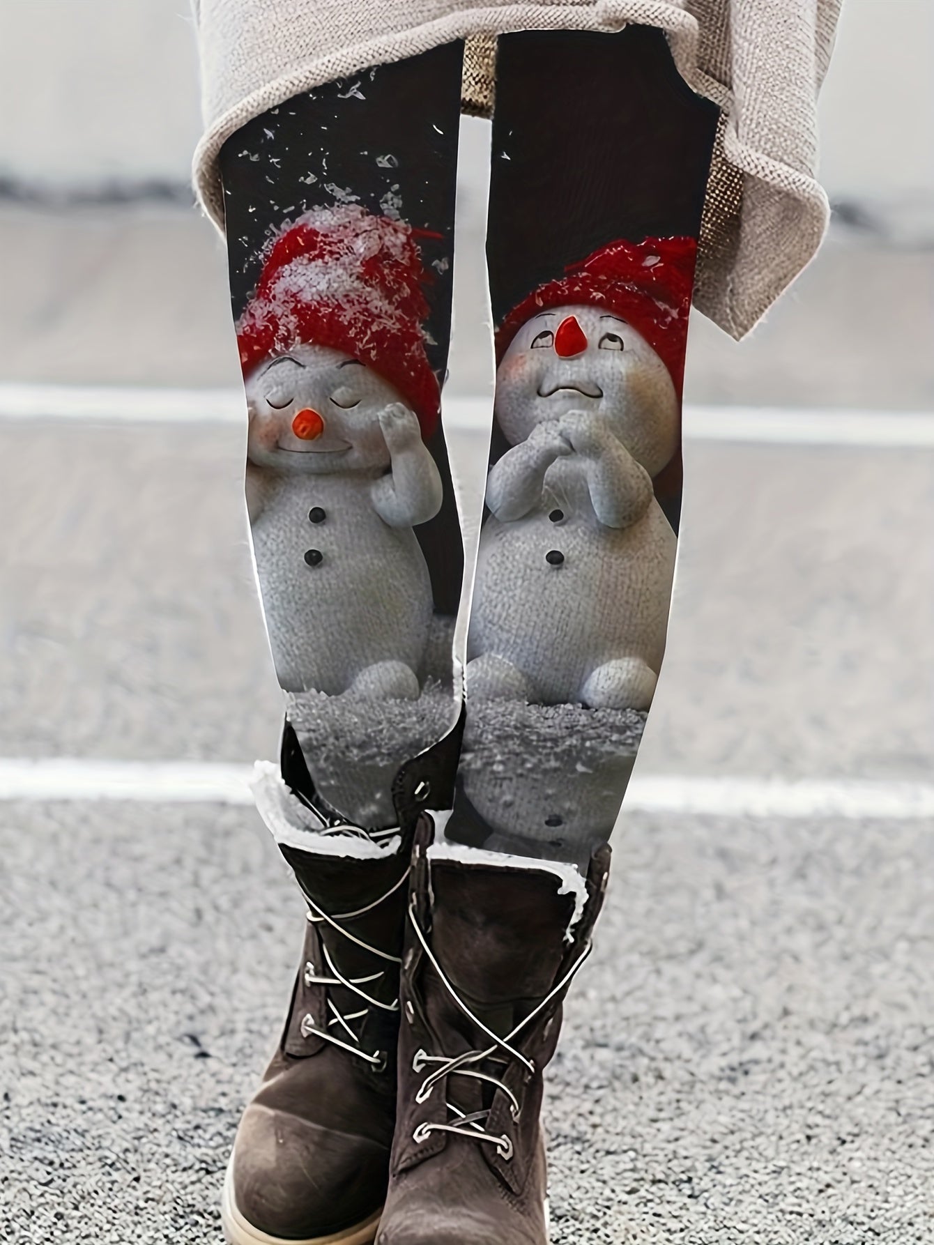 Snowman Print High Waist Leggings for Winter