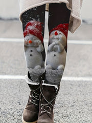 Snowman Print High Waist Leggings for Winter