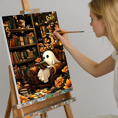 DIY Digital Painting Kit Library Scene Ghost Reading Autumn Canvas Home Decor
