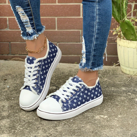 Women's Star Pattern Canvas Shoes Lace Up Low Top Flat Sneakers