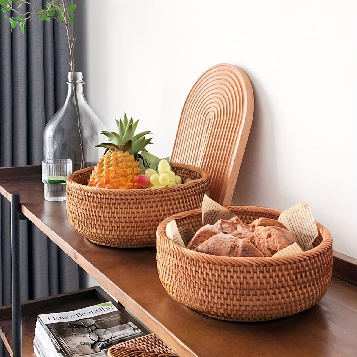 Round Rattan Fruit Basket Decorative Serving Baskets