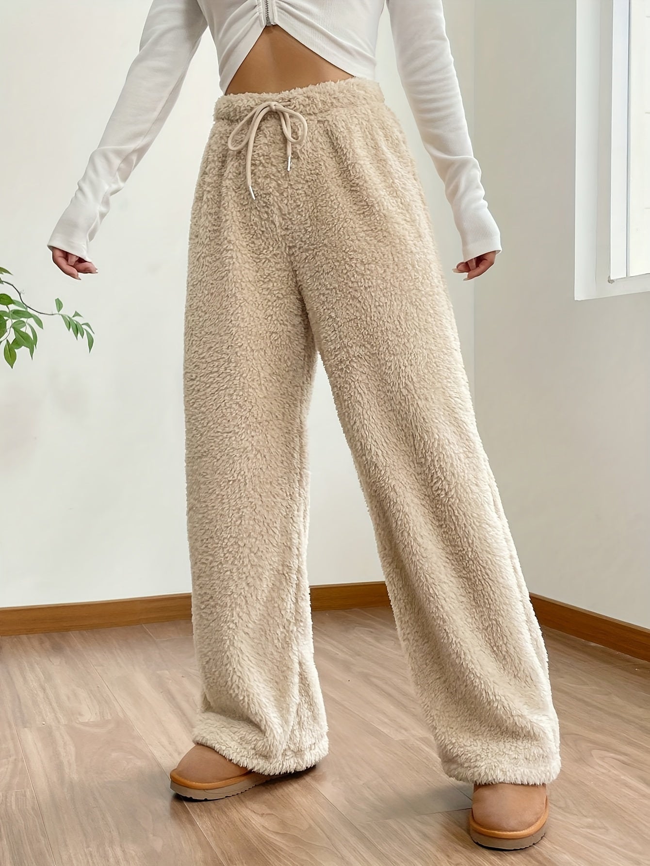  Solid Fleece Elastic Wide Leg Trousers