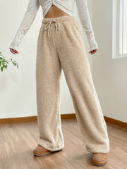  Solid Fleece Elastic Wide Leg Trousers