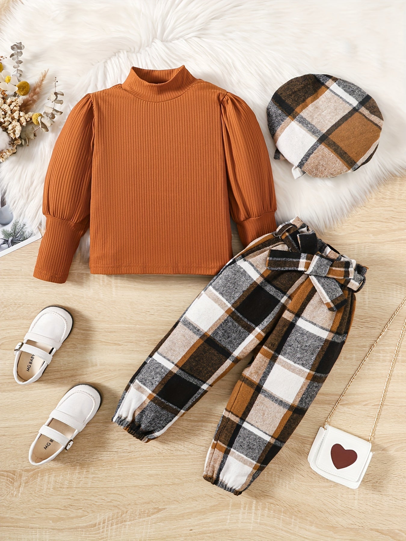 Girl's Plaid Beret & Sleeve Top & Pants Set Kids Clothes