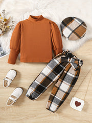 Girl's Plaid Beret & Sleeve Top & Pants Set Kids Clothes