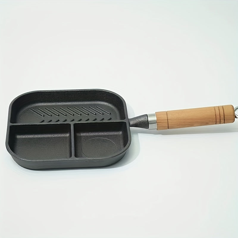 3-Section Cast Iron Frying Pan for Breakfast Grilling Hot Dogs Omelettes Steaks