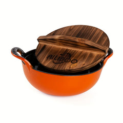 Vintage Enameled Cast Iron Dutch Oven W/ Wooden Lid