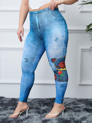  Teddy Bear & Denim Print High Rise Fitness Leggings Women's Plus