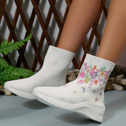 Women's Butterfly Floral Knit Ankle Boots Stretch Sock Shoes