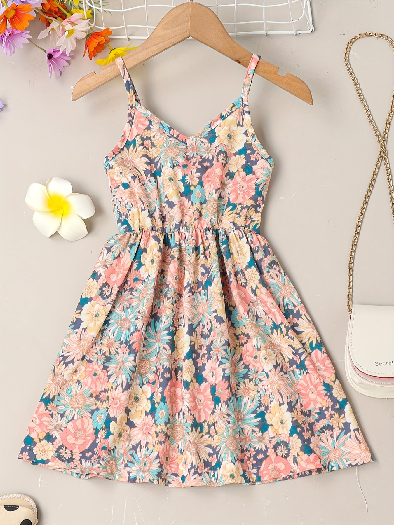 Girls Sundress Floral Pattern V Neck Elastic Waist Camisole Dress