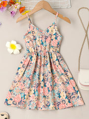 Girls Sundress Floral Pattern V Neck Elastic Waist Camisole Dress