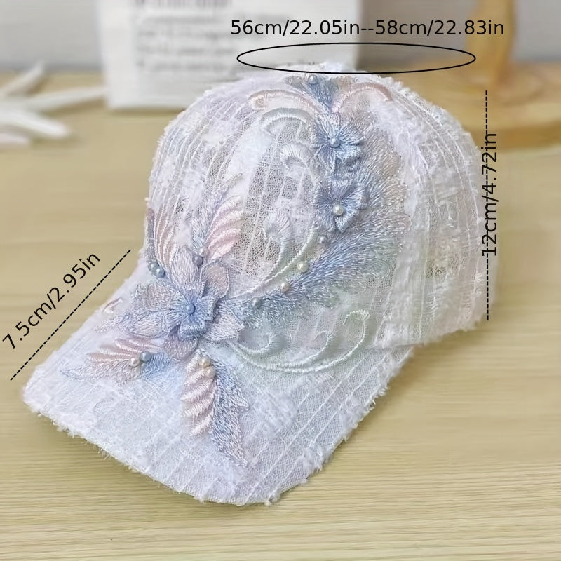 Flower Lace Baseball Cap with Faux Pearls