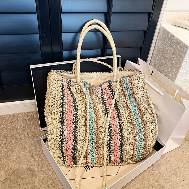 Rainbow Straw Beach Bag Colorblock Shoulder Bag For Travel Vacation