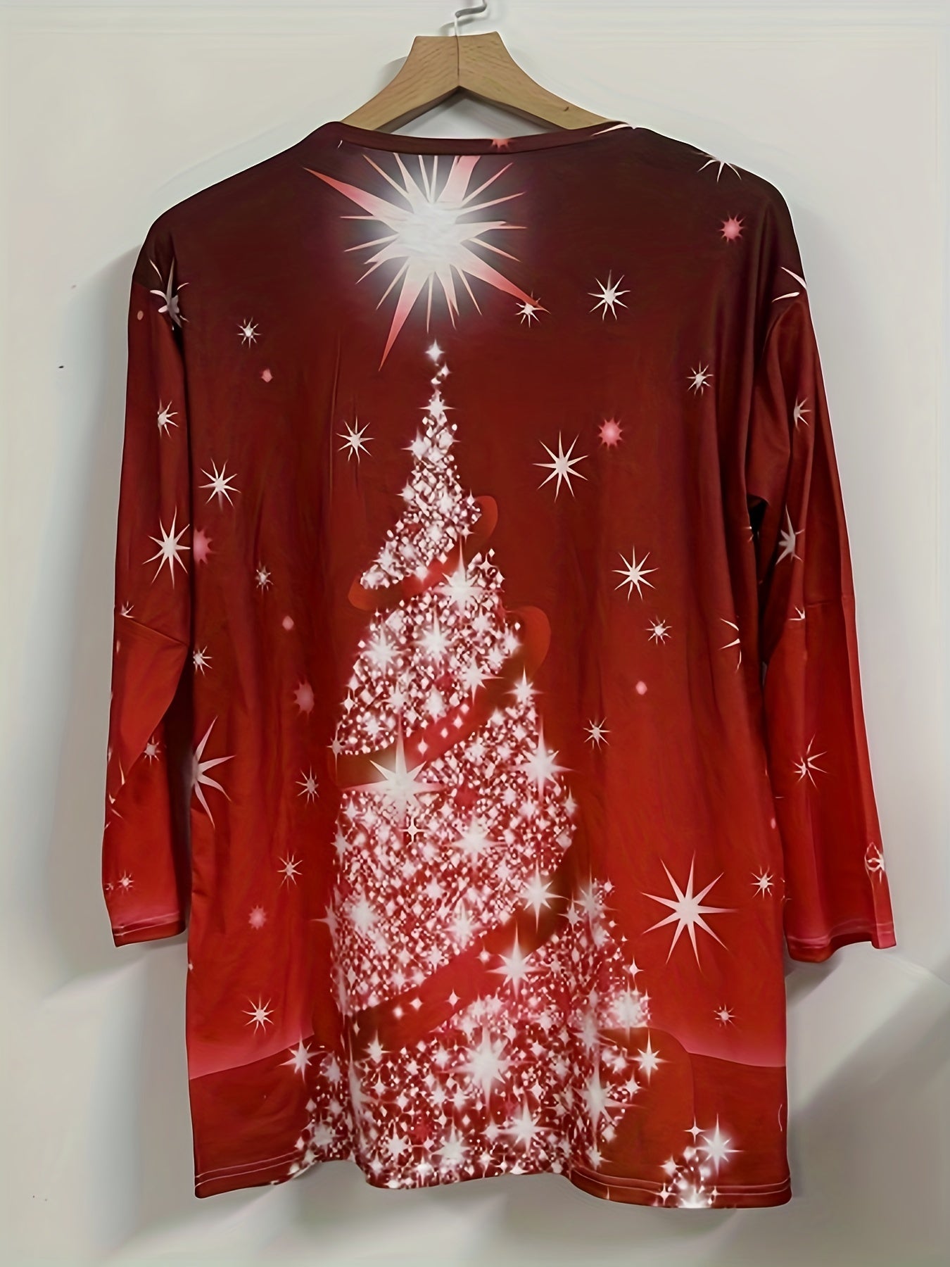 Plus Size Glitter Christmas Tree Print Long Sleeve Round Neck Dress
