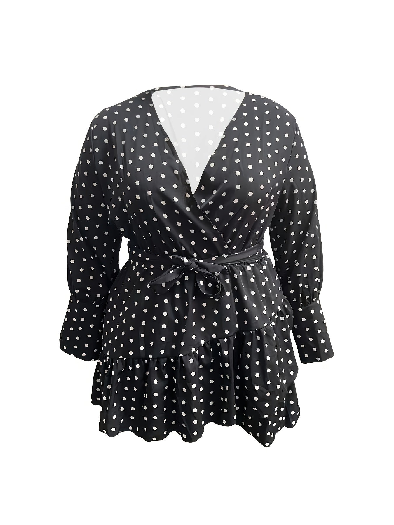 Plus Size Dot Print Ruffle Trim Side Knot Mini Dress