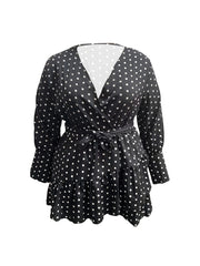 Plus Size Dot Print Ruffle Trim Side Knot Mini Dress