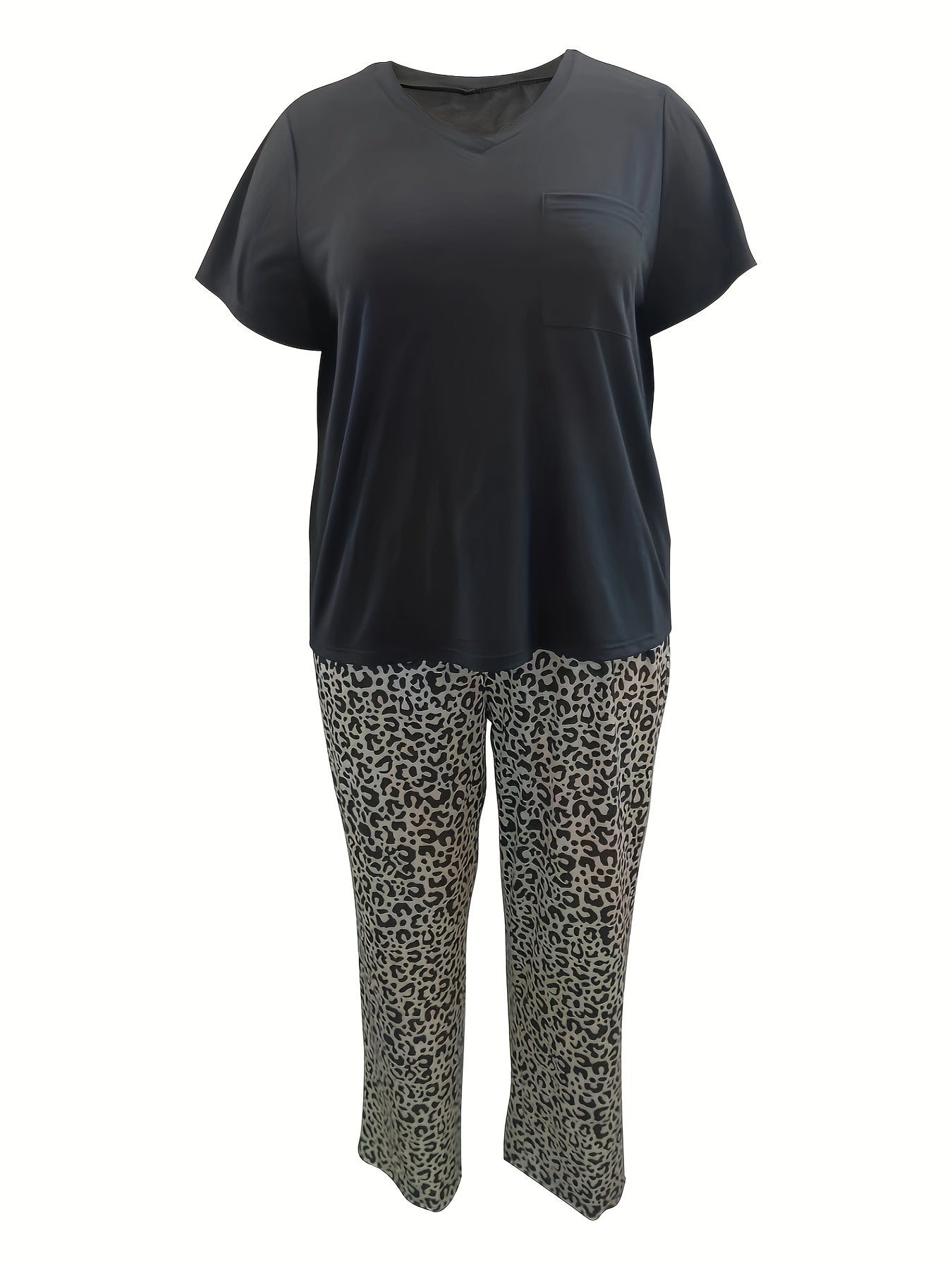 Cap Sleeve V Neck Tee & Leopard Print Pants Loungewear Set