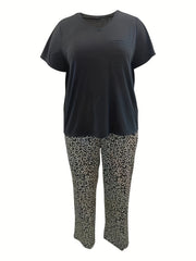  Cap Sleeve V Neck Tee & Leopard Print Pants Loungewear Set