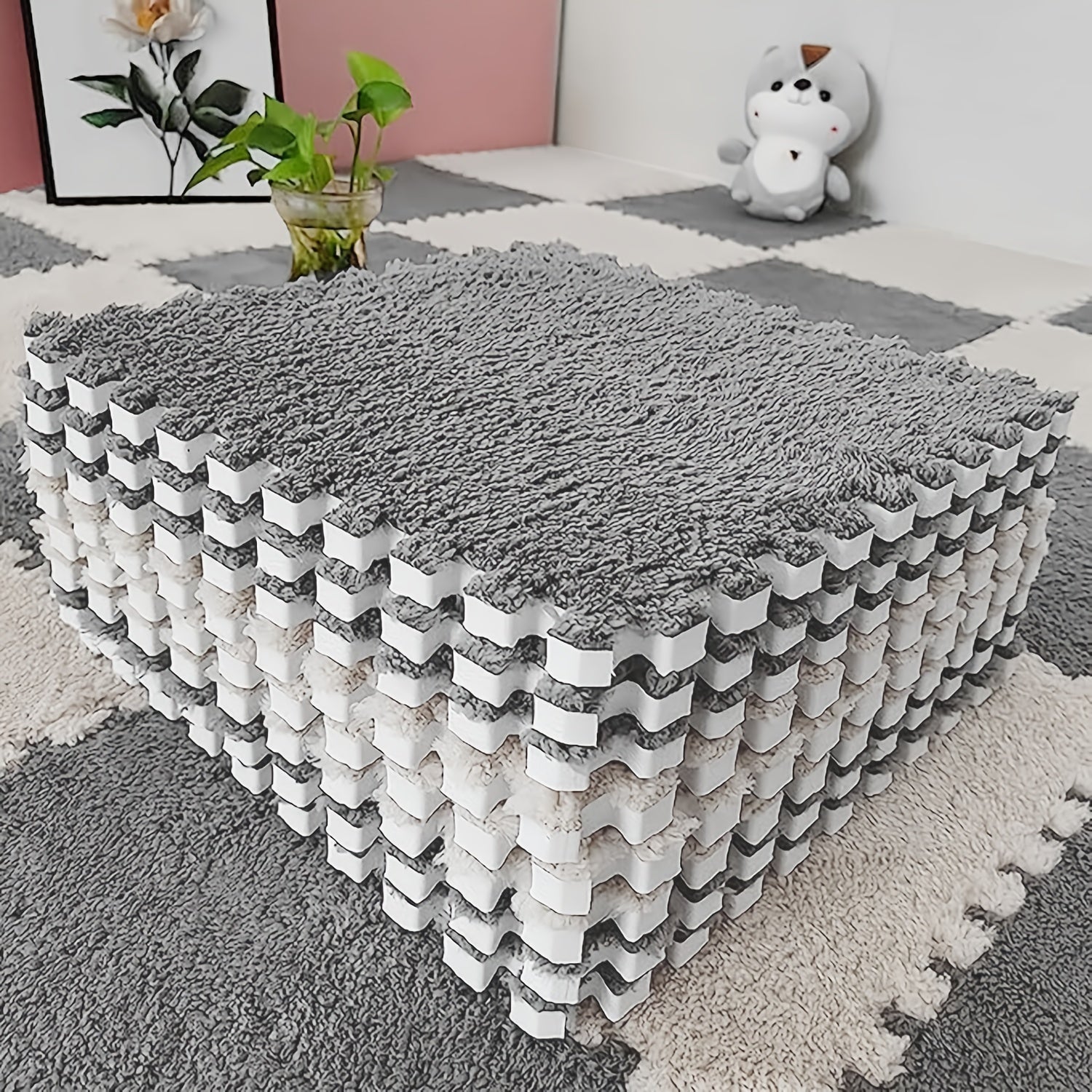 12pcs Plush Interlocking Floor Mat with Border Soft Tiles for Home Playroom