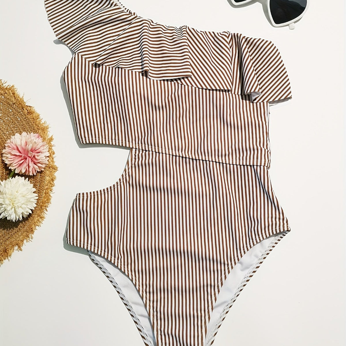 Ruffled Shoulder Striped Print Swimsuit One Piece