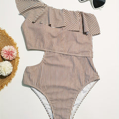 Ruffled Shoulder Striped Print Swimsuit One Piece