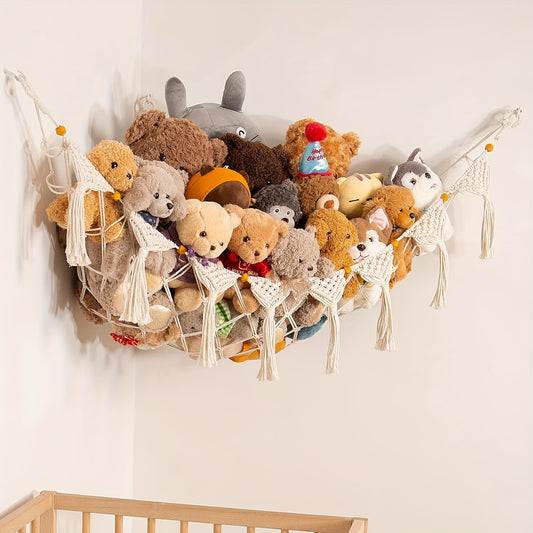 Macrame DreamLights Bohemian Plush Toy Storage Hammock - Beige
