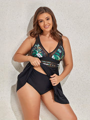  Tropical Print Mesh V Neck Tankini Set