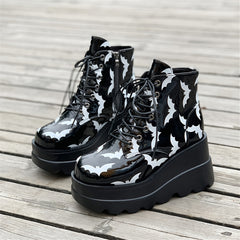 Women's Bat Pattern Platform Boots Punk Style Lace Up Ankle Boots