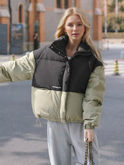 Block Stand Collar Puffer Jacket Coat Zip Up Warm Short Jacket Coat