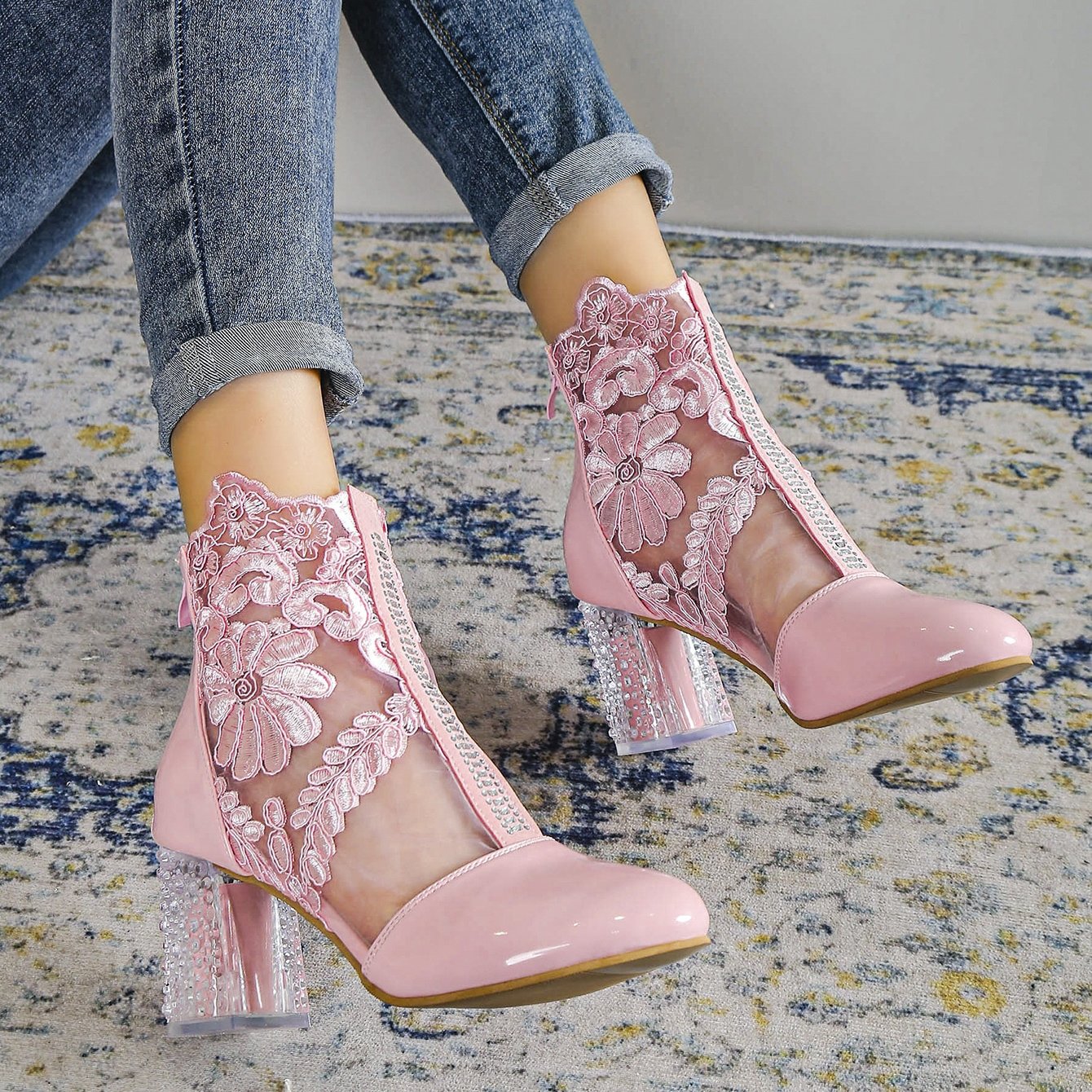 Pink Flower Lace Ankle Boots with Clear Heel