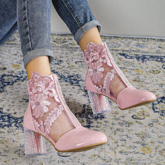 Pink Flower Lace Ankle Boots with Clear Heel